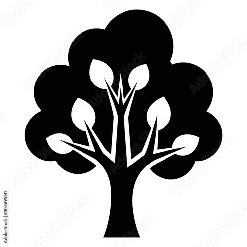 Simple black and white illustration of a tree with a thick trunk, branching limbs, and five leaves, representing growth and nature