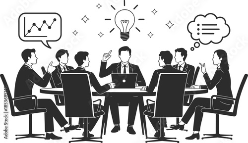 Business meeting vector illustration, teamwork collaboration in office, brainstorming session, corporate discussion, leadership strategy planning, business communication flat design.