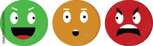 Three colorful emoji faces depicting different emotions: mischievous, surprised, and angry expressions.