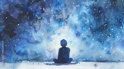 Serene contemplation on world introvert day in a starry night sky watercolor scene. Horizontal banner. Copy space. Watercolor illustartion. World Autism Awareness Day. Mental health concept