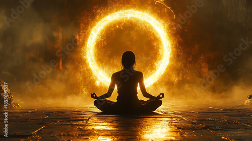 Person sitting cross-legged in lotus pose with radiant rings of light forming around them 