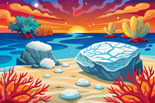 coral sand beach meets clear sea water, surrounded by coastal flora adapted to salt air and strong sunset