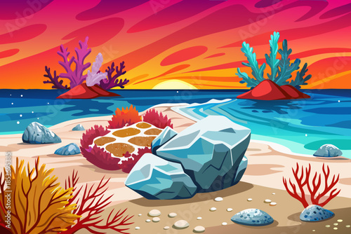 coral sand beach meets clear sea water, surrounded by coastal flora adapted to salt air and strong sunset