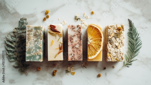 Five bars of handmade soap arranged on a marble surface. Each bar features different natural ingredients like herbs, flowers, and citrus. Decorative elements include leaves and dried flowers.