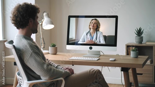 patient sits in a well-lit, home engaged in a telemedicine call via a desktop screen. The medical professional—visible in the video window