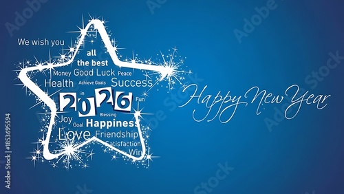 A sparkling star filled with new year wishes and celebratory words