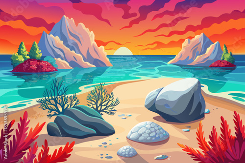 coral sand beach meets clear sea water, surrounded by coastal flora adapted to salt air and strong sunset