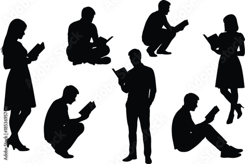 Set of black vector silhouettes of men and women reading books in standing and sitting poses isolated on white background