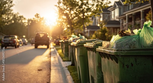 Suburban street at sunset with trash cans lined up along the curb