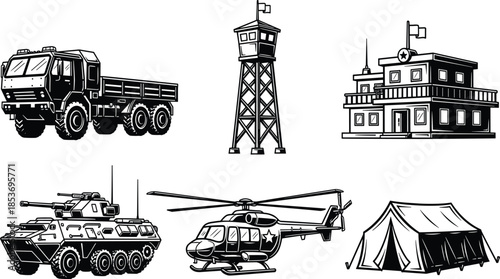 Military base elements silhouette set including armored vehicles, watchtower, helicopter, headquarters building, and camp tent for defense design