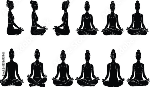 Yoga meditation woman silhouette collection in black and white, seated lotus pose views for wellness, mindfulness, and fitness design