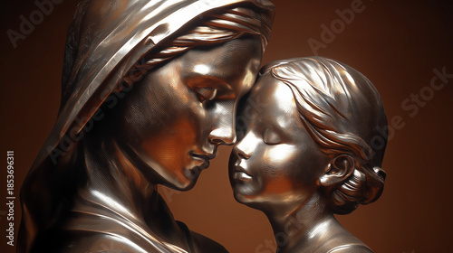 Elegant bronze sculpture of mother and child with touching foreheads, symbolizing love and maternal connection  