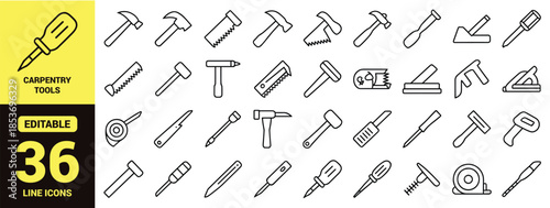 Hand Tools Line Icon Set for Construction, Carpentry, Repair and DIY Projects with Editable Outline Vector Symbols