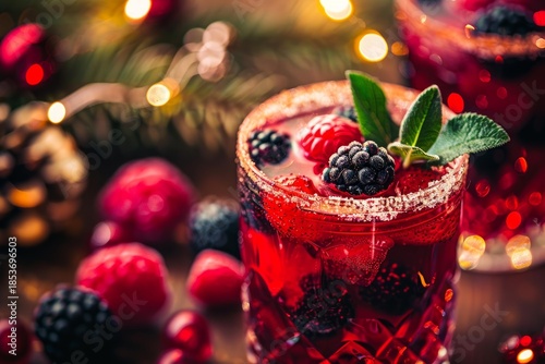 Refreshing christmas cranberry cocktail garnished with blackberries, raspberries and sage leaves, with festive lights in the background