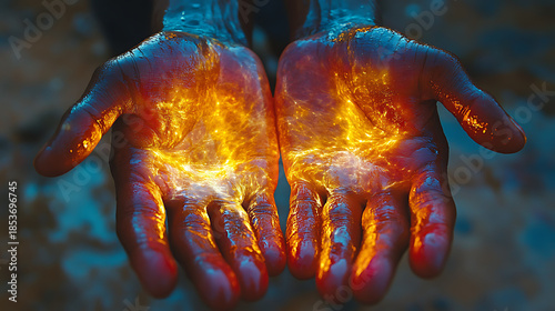 Palms pressed together with visible energy flow tracing down the arms and torso 