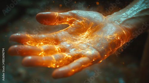 Palms pressed together with visible energy flow tracing down the arms and torso 