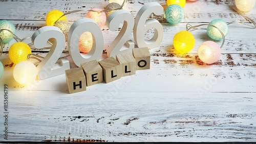 Festive easter decorations with the year 2026 and a hello message