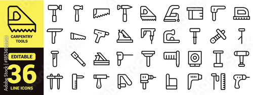 Hand Tools Line Icon Set for Construction, Carpentry, Repair and DIY Projects with Editable Outline Vector Symbols