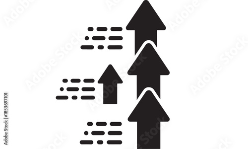 a minimalistic depiction of black arrows pointing upwards alongside dashed lines representing growth and progress in a simple style