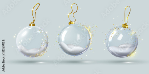 Set of Christmas glass ball hanging on gold ribbon with snow and golden glitters, vector 3D volume festive decoration