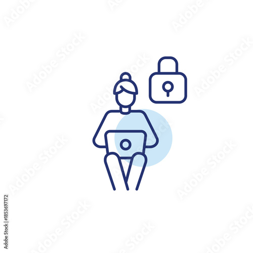 Woman working at laptop remotely and lock. Secure access, data protection and cybersecurity awareness. Pixel perfect, editable stroke vector icon
