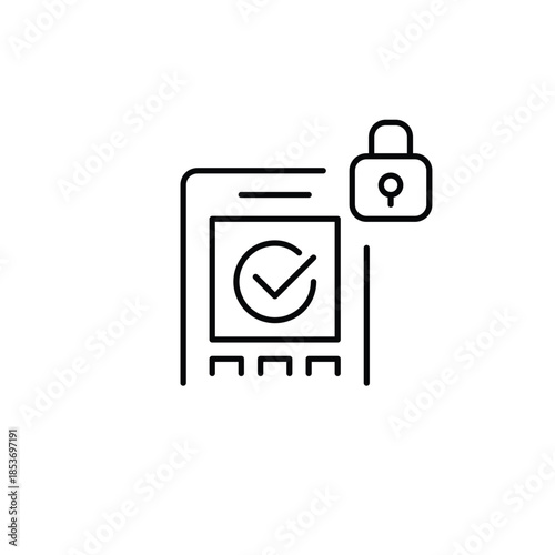 RFID payment terminal with checkmark and lock. Secure savings, financial protection and security. Transaction approved. Pixel perfect, editable stroke vector icon