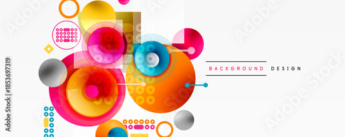 Abstract colorful shapes overlap. Circles, squares, lines create dynamic composition. Modern design elements present vibrant visual experience.