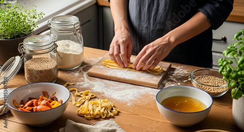 Close-up of Hands Preparing Fresh Homemade Pasta Noodles on a Floured Wooden Table in a Rustic Kitchen Setting