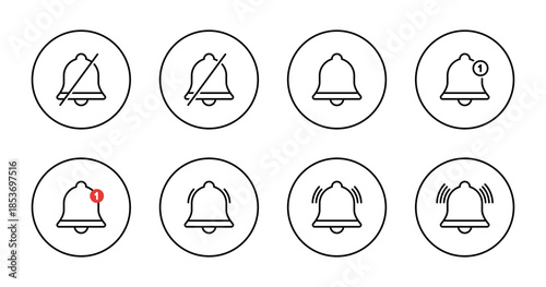 Notification bell outline icon set collection in circular line. Silent, mute, new reminder, ringing, and vibration mode symbol
