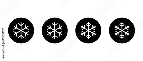 Snowflake icon set in black circle. Winter frost, snow crystal symbol