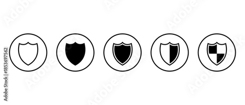 Shield icon set in circular outline. Protection security symbol. Defense, armor badge collection