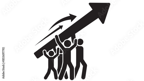 A group of people are collaboratively lifting a large arrow pointing upwards symbolizing growth and collective success high quality