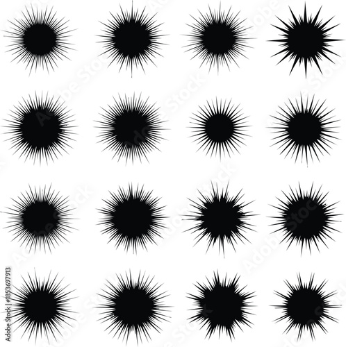 Collection of black ink splatter stains on white background