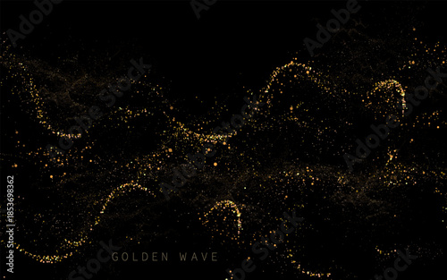 Gold exquisite wavy pattern of small isolated tinsel on black background.
