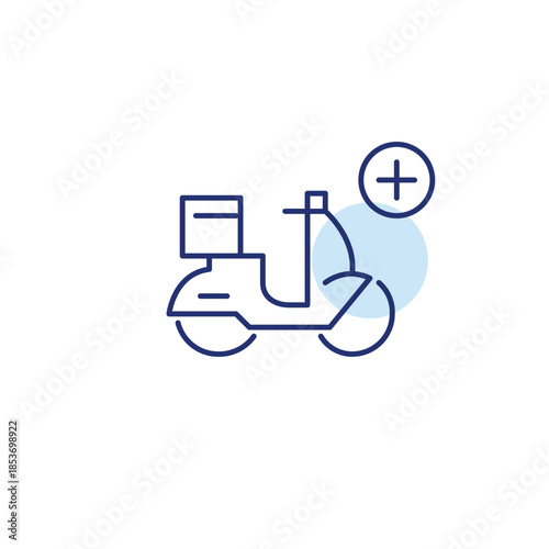 Add items to order. Food delivery update. Moped and plus symbol. Pixel perfect, editable stroke vector icon