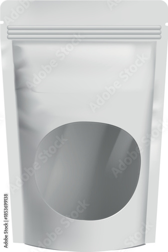 Doy pack mockup, rectangular shape with closed zipper and round transparent hole.