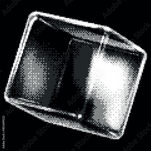 Monochrome transparent glossy crystal cube with light glare effect pixel art, vector retro 8 bit videogame 3D glass cube