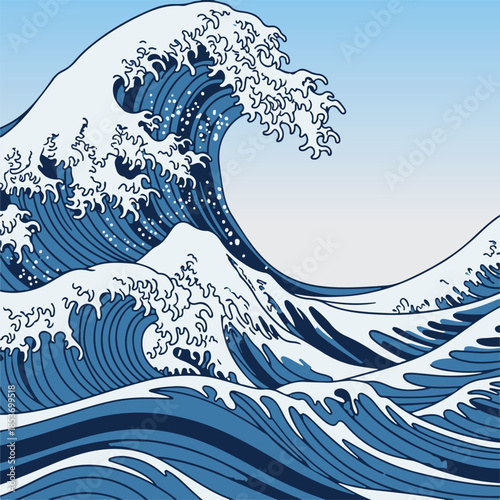 Large dramatic ocean wave with foamy crest rising high above the sea, drawn in detailed vintage style reminiscent of traditional Japanese prints. Ideal for posters, wall art, apparel
