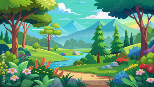 Very beautiful natural landscape featuring lush green trees and colorful flowers, creating a peaceful outdoor scene filled with soft light, seasonal growth, and calming countryside atmosphere.