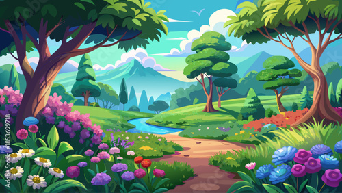 Very beautiful natural landscape featuring lush green trees and colorful flowers, creating a peaceful outdoor scene filled with soft light, seasonal growth, and calming countryside atmosphere.