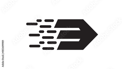 A striking black and white graphic depicts a stylized arrow with accompanying dots suggesting speed and forward motion visually dynamic