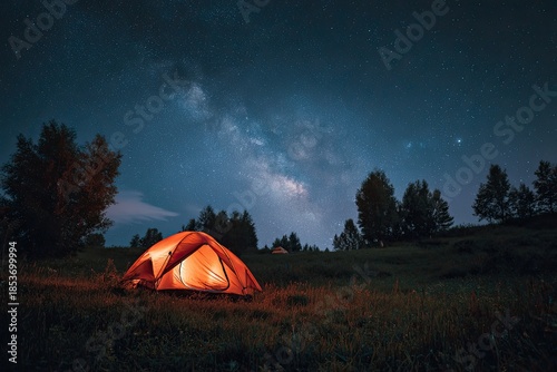 A glowing tent sits under a vast, starry night sky with the Milky Way visible