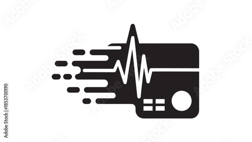 A simple black and white illustration depicts a medical card with a heartbeat line symbolizing health and vital signs monitoring