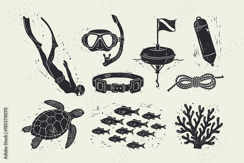 Vintage Scuba Diving and Snorkeling Set. Monochrome Ocean Life and Equipment Linocut Illustrations.