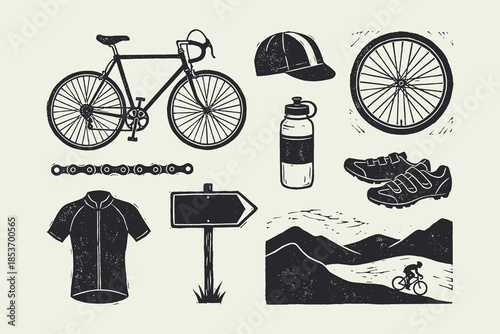 Vintage Cycling Gear Vector Set: Bicycle, Helmet, Jersey, Shoes, and Outdoor Ride Scene.