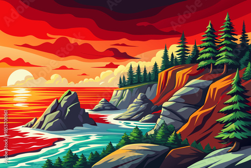 cold northern coastline features pine trees near the sea, combining evergreen vegetation with rocky shores and deep ocean tones