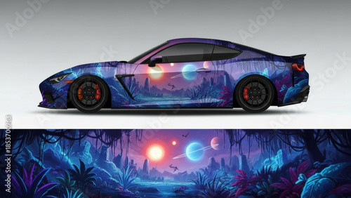 Sports car with vibrant lime green and dark blue splatter paint drip vinyl wrap design.