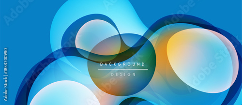 Abstract blue background features overlapping translucent circles. Gradient colors create dynamic visual effect. Modern design element.