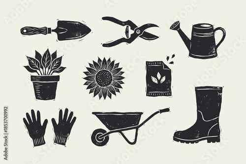 Vintage Woodcut Gardening Tools Set: Linocut Icons of Farming Equipment and Plants