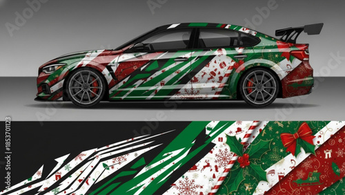 A sporty car with a vibrant Christmas-themed full body wrap design, featuring snowflakes, holly, and bows in red, green, and white colors.